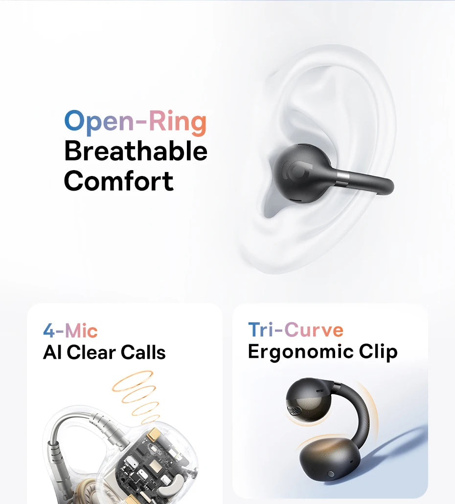 Baseus BC1 Ear-Clip-Ohrhörer Open-Ear Drahtlose Kopfhörer Bluetooth 6.0 Clip-On Sport-Kopfhörer 4 Mikrofone Super Bass IP55 Ohrstöpsel