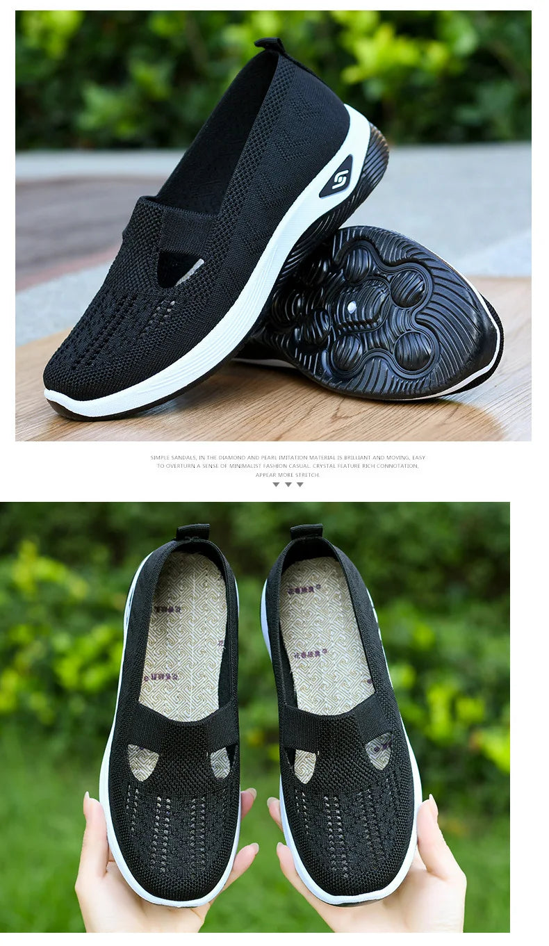 Damen Neue Sommerschuhe Mesh Atmungsaktive Sneaker Leichte Slip-on Plateau Freizeitschuhe Damen Rutschfeste Gehschuhe Gewebte Schuhe