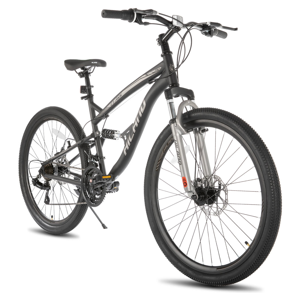 Hiland Mountainbike mit Vollfederung für Herren, 21 Gänge, 26 Zoll Laufrad, Scheibenbremsen vorne und hinten, für Herren, Damen, Erwachsene