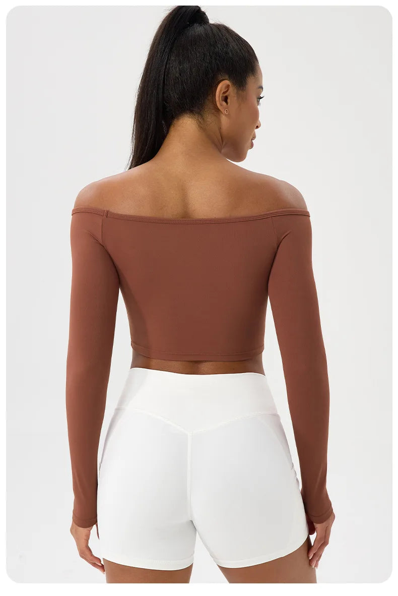 Yoga Langarm T-Shirt Damen Ein-Schulter Sexy Eng Anliegende Fitness-Oberteile Nude-Feel Schnelltrocknendes Sport Langarm Yoga Shirts