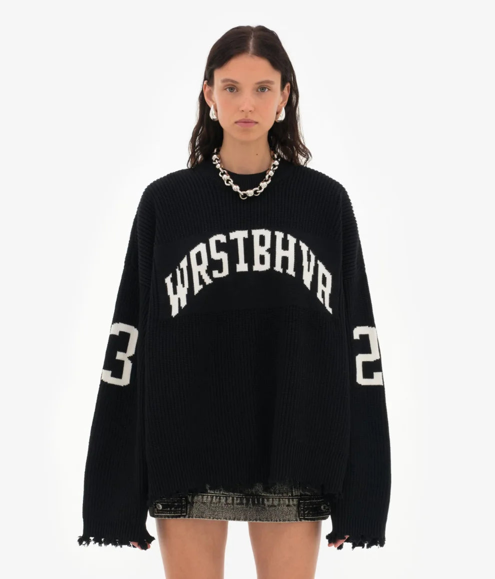 Trendiger lockerer Buchstaben-Jacquard-Strickpullover Damen 2025 Herbst Neu Highstreet Grau Schwarz Weicher Pullover Hottie Vielseitige Teile