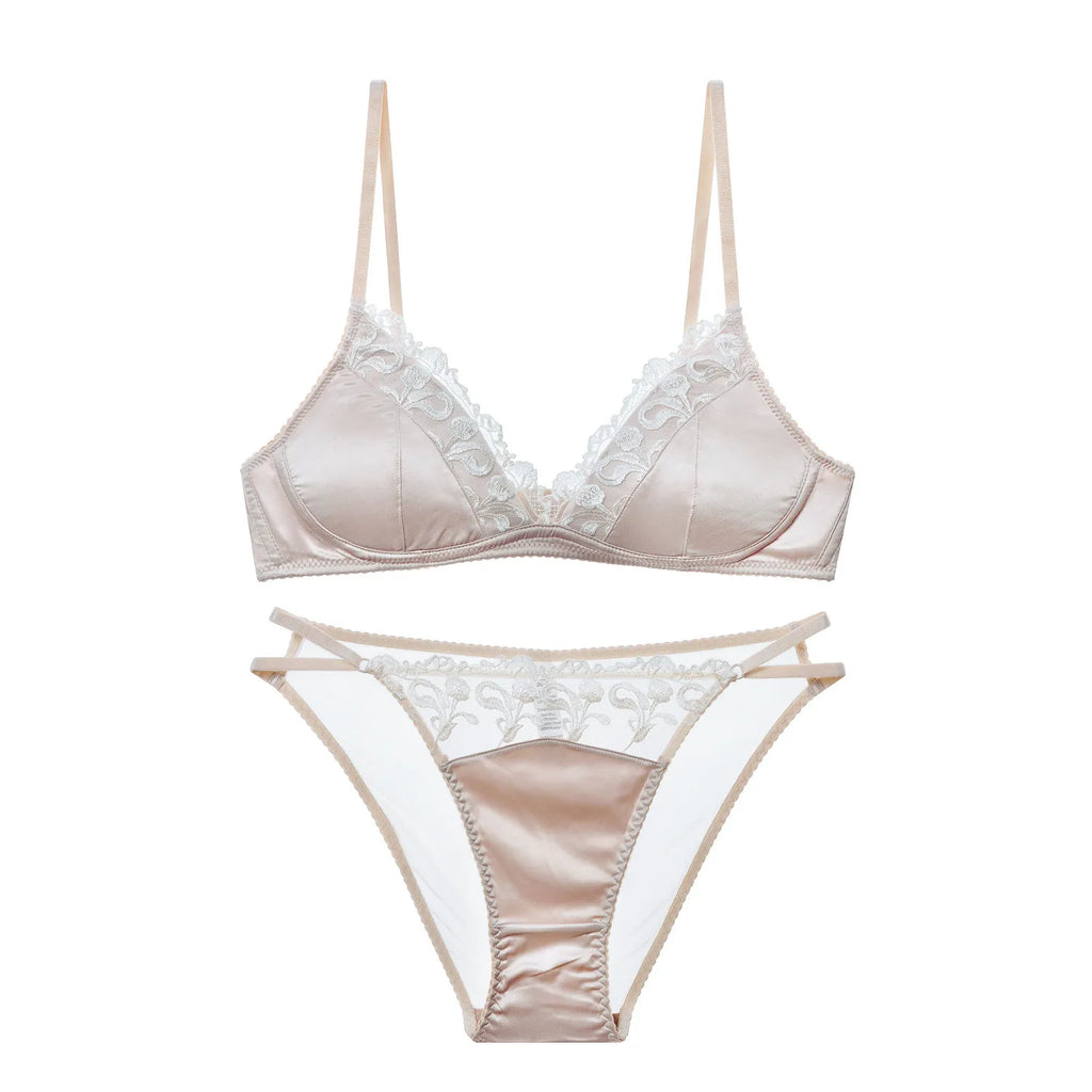 Französisches Dessous-Set für Damen, dünner, bügelloser Triangel-BH, Spitze & Stickerei-Design