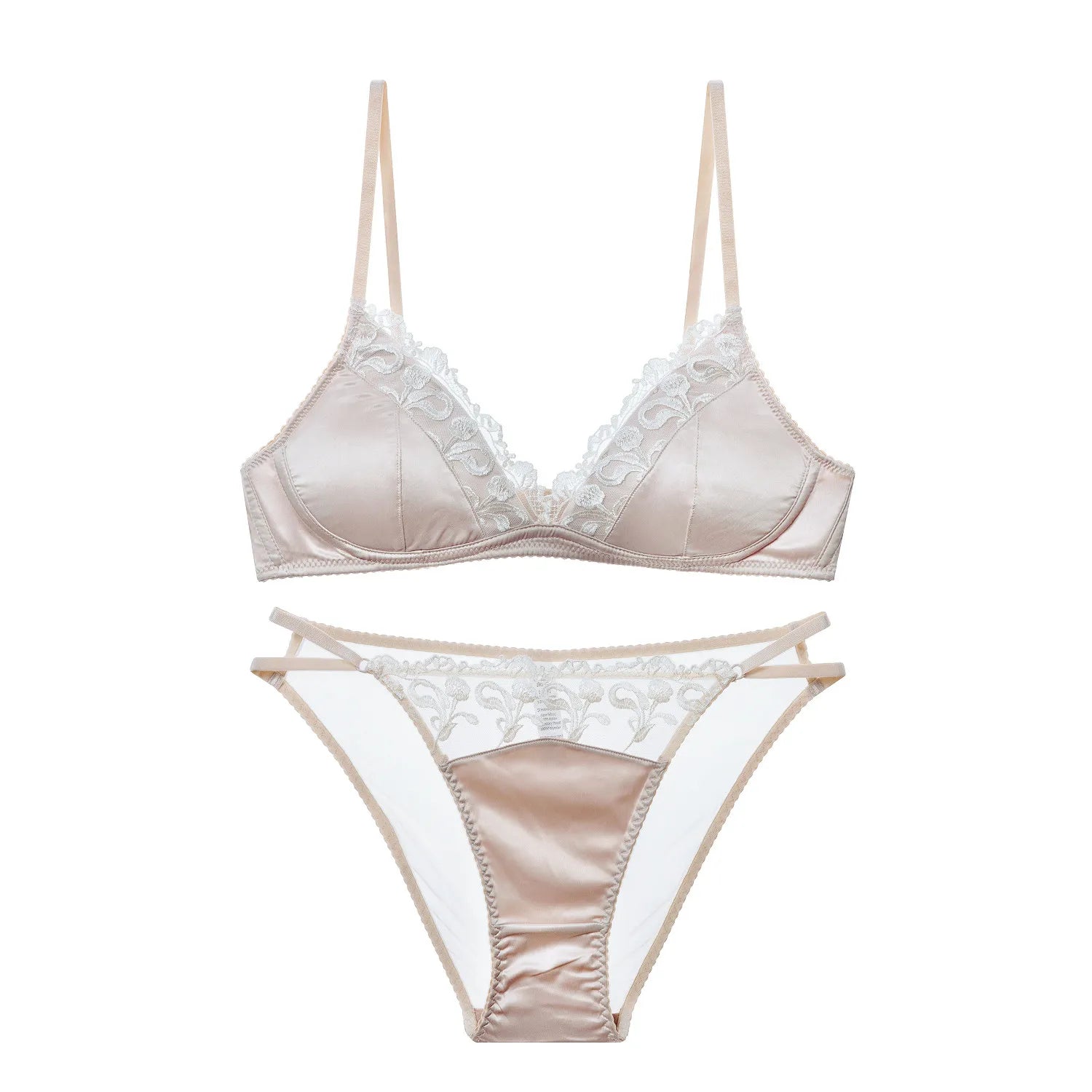 Französisches Dessous-Set für Damen, dünner, bügelloser Triangel-BH, Spitze & Stickerei-Design