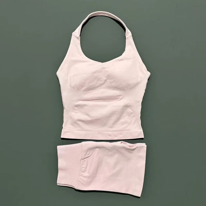 2-teiliges Sportset Damen Rückenloses Tanktop Hohe Taille Scrunch Nahtlose Shorts Fitnesskleidung Activewear Trainingssets Gym Anzug