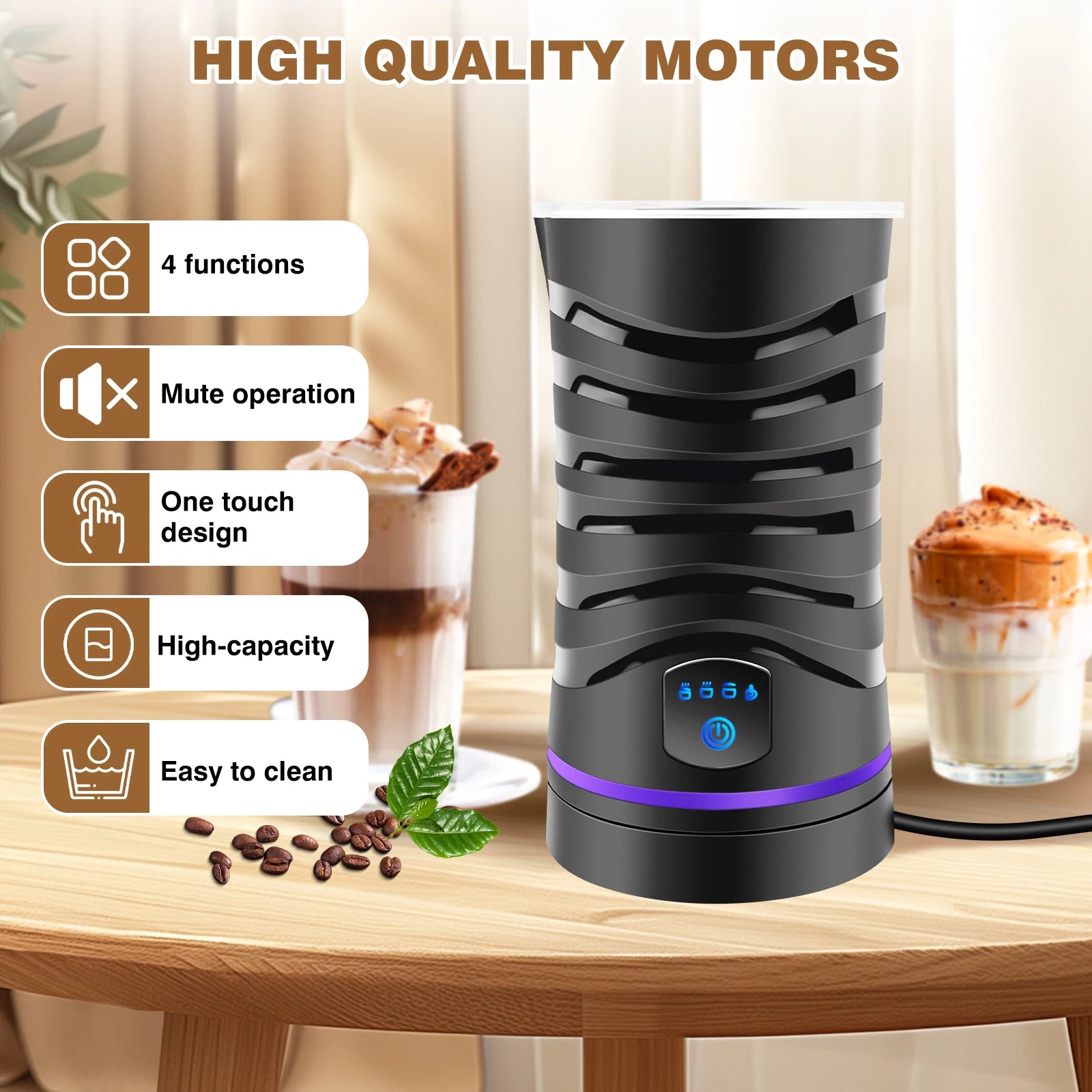 4-in-1 Automatischer Milchaufschäumer Elektrisch, 600ml Kapazität Heiß- & Kaltmilchschäumer, Leiser Betrieb für Kaffee Cappuccino Schokolade