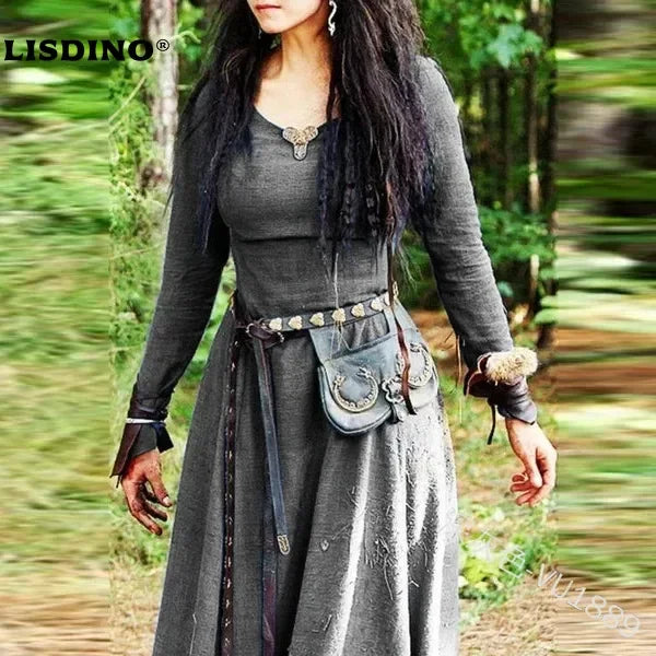 LisdinoMittelalterliches Kleid Damen Langarm Maxirobe Vintage Elfenkleid Renaissance Keltisch Wikinger Gothic Cosplay Kostüme