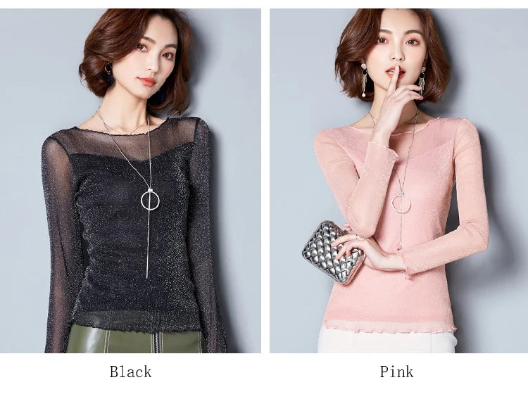 Glitzer-Netzbluse Sexy Damen Shirts Langarm-Oberteile Koreanisch Schwarz Pink O-Neck Elegante Slim Bluse Camisas Femininas