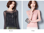Glitzer-Netzbluse Sexy Damen Shirts Langarm-Oberteile Koreanisch Schwarz Pink O-Neck Elegante Slim Bluse Camisas Femininas