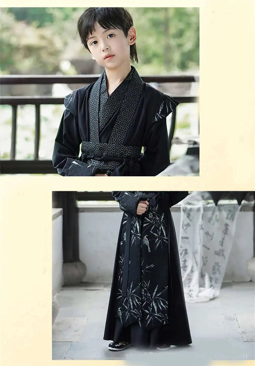 Gut aussehende Jungen Verbesserter Hanfu Orientalischer chinesischer Stil High-End Tang Anzug Kinderauftritt Schwertkämpfer Traditionelles altes Kostüm