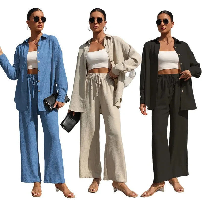 Große Größen Casual Locker Zweiteiler Weites Bein Hose Langarmshirt Hellbeige Street Style Elegant Qualität Polyester Somm... Zweitbild