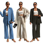 Große Größen Casual Locker Zweiteiler Weites Bein Hose Langarmshirt Hellbeige Street Style Elegant Qualität Polyester Somm...