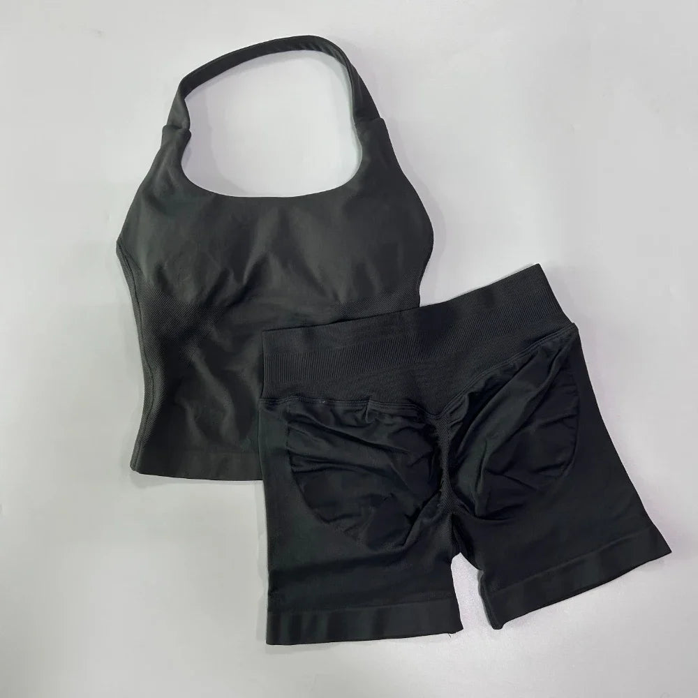 No Logo 2-teiliges Sportset Damen Rückenloses Tanktop Hohe Taille Scrunch Nahtlose Shorts Gym Set Sportbekleidung Workout Set Yoga