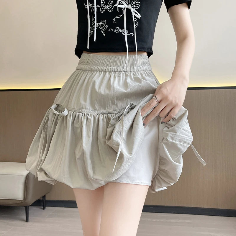Süße Schleifen Plissierte Flauschige Röcke für Damen Sommer Koreanischer Stil Elastische Taille Laternenrock Damen Lockerer Weißer A-Linien Minirock