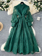 Frühlings-Herbst Französisches High-End Damenkleid Neue Spitze Stickerei V-Ausschnitt Laternenärmel Einreiher Party Geburtstagskleid C192