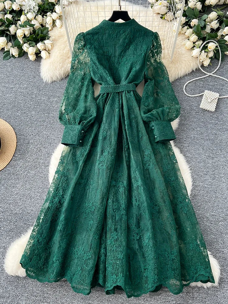 Frühlings-Herbst Französisches High-End Damenkleid Neue Spitze Stickerei V-Ausschnitt Laternenärmel Einreiher Party Geburtstagskleid C192