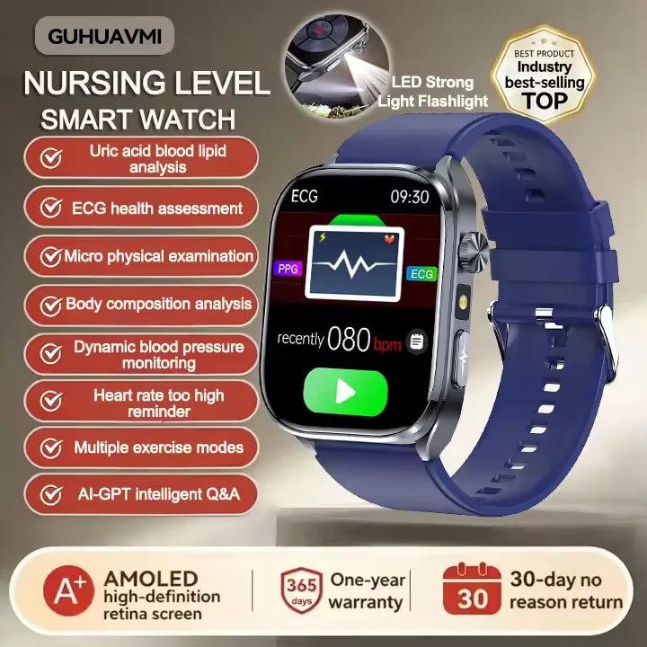 Neue Gesundheitsuhr Harnsäure Blutdruck Blutsauerstoff Körperanalyse Körperfett Smartwatch EKG+PPG Bluetooth Anruf Uhr Frauen Männer