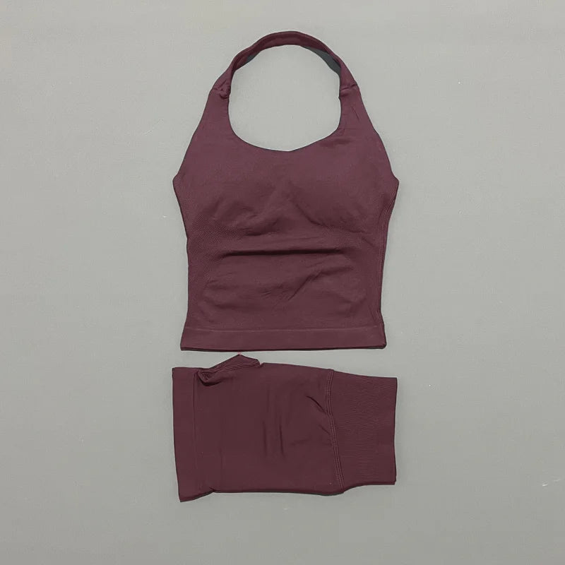 2-teiliges Sportset Damen Rückenloses Tanktop Hohe Taille Scrunch Nahtlose Shorts Fitnesskleidung Activewear Trainingssets Gym Anzug