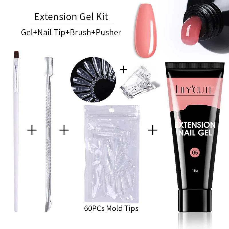 LILYCUTE 15ml Verlängerungsgel-Nagellack-Set Quick Nail Prolong mit Verlängerungsform-Nagelspitzen Acryl-Lösung Maniküre-Werkzeug-Kit