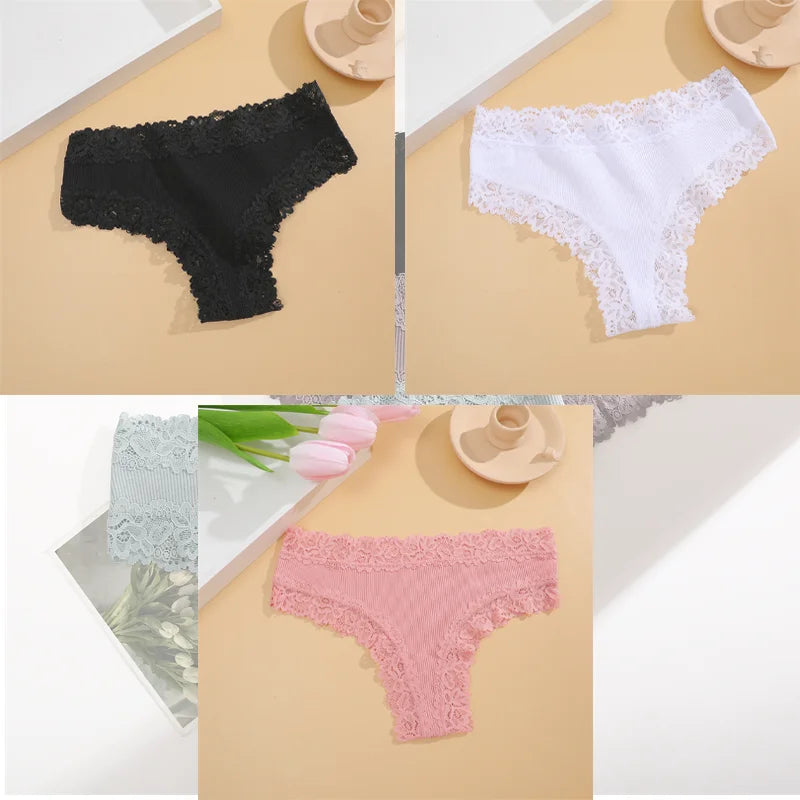 FINETOO 3er-Pack Damen Baumwollunterwäsche Slips Sexy Spitze Brasilianischer Slip Niedrige Taille Blumenmuster Einfarbig G-String Atmungsaktive Dessous