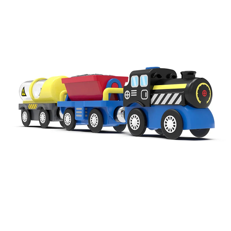 Kid Magnetische Elektrische Zug Lokomotive Holzschienen Slot Diecast Eisenbahn mit Zwei Waggons Zug Holzspielzeug Biro Leduo Gleis