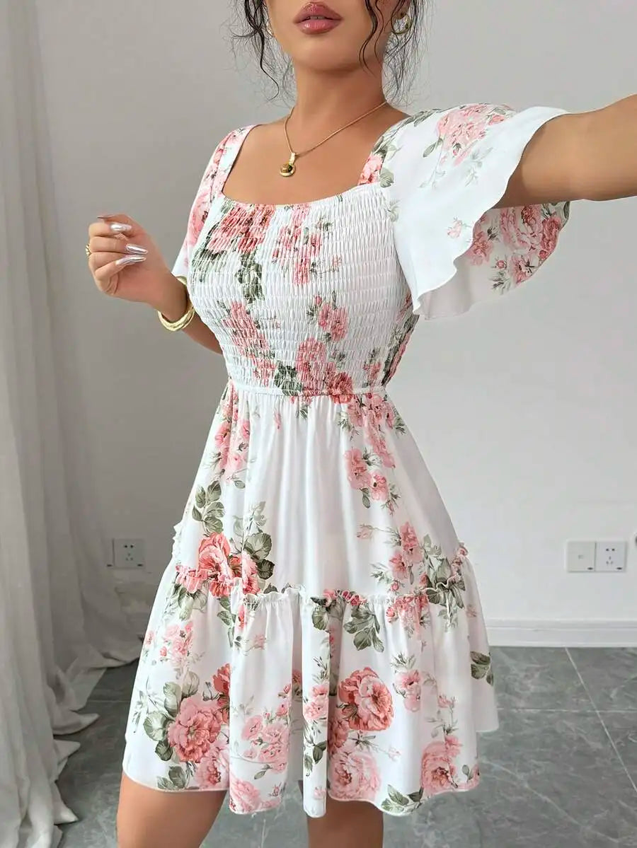 Damenkleid mit Blumenmuster, Schärpen, Rüschensaum, kurzen Ärmeln, Freizeitkleid, Damen-Abendkleider im Urlaubsstil