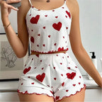 5 Größen zur Auswahl: S M L XL 2XL Damen-Pyjama-Set Träger-Nachtwäsche Top + Shorts Rot Herz-Print Nachtwäsche Sexy Dessous