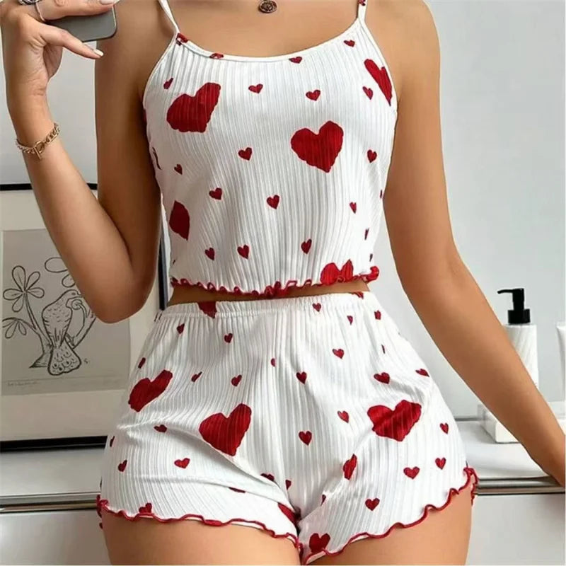 5 Größen zur Auswahl: S M L XL 2XL Damen-Pyjama-Set Träger-Nachtwäsche Top + Shorts Rot Herz-Print Nachtwäsche Sexy Dessous Hauptbild