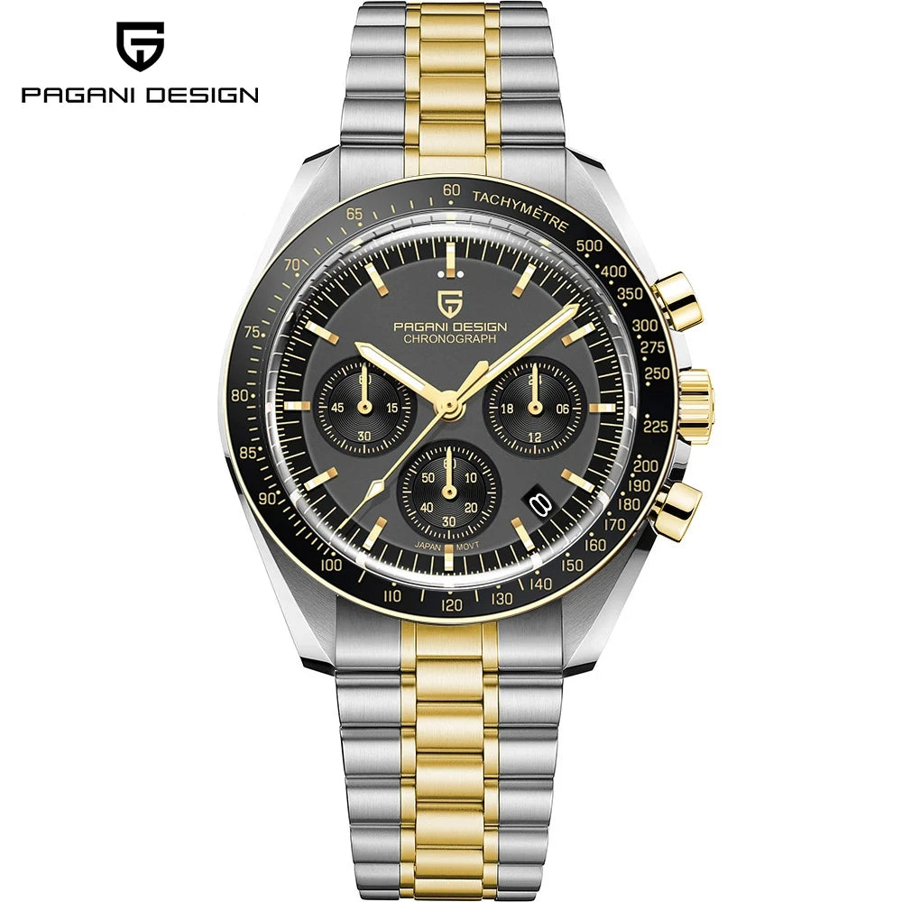 Neue PAGANI DESIGN Moon Men Uhr Retro-Luxus-Quarzuhren für Herren Edelstahl Sport wasserdicht Chronograph Herren+Mit BOX
