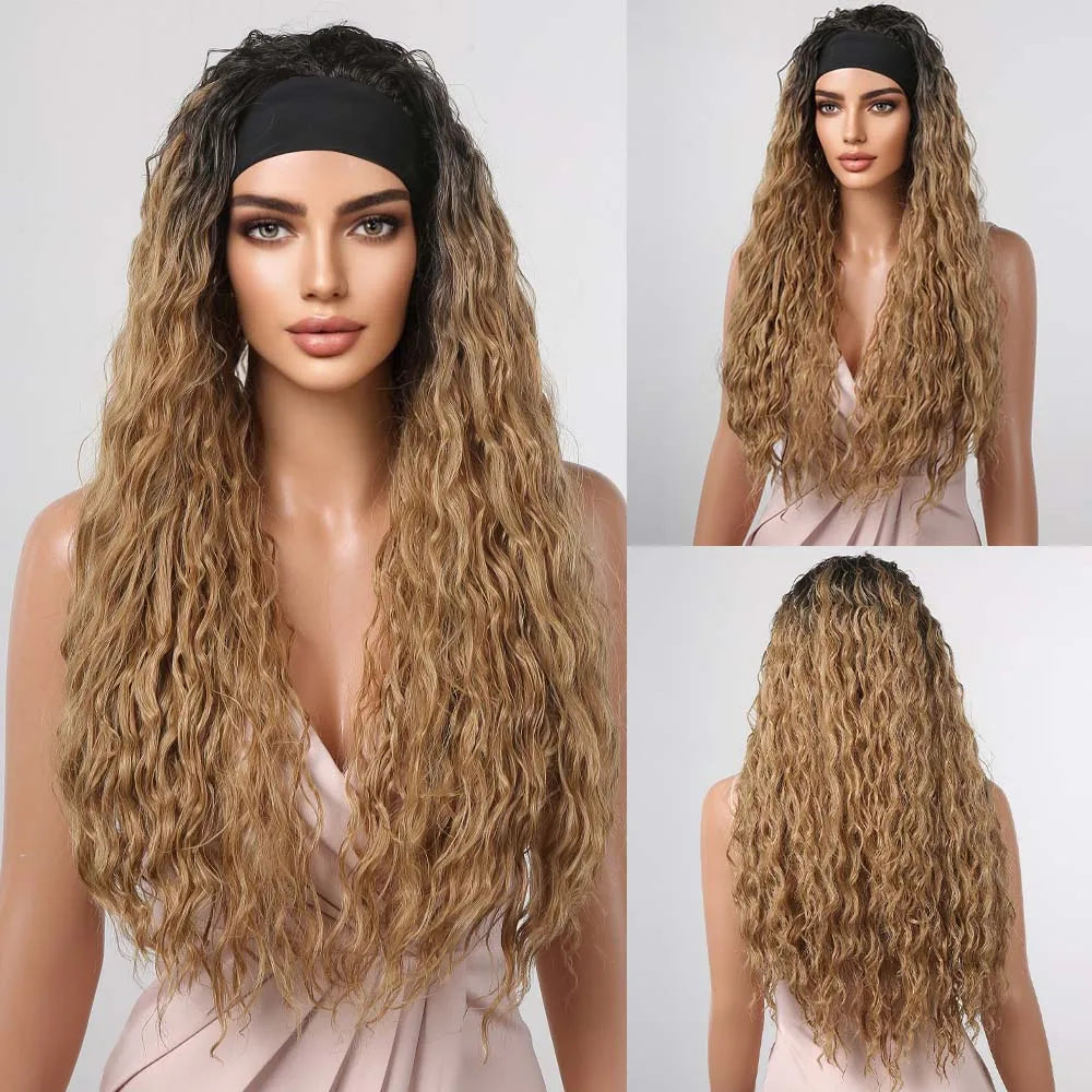 ALAN EATON Lange blonde synthetische Stirnbandperücke Ombre Blond glattes Haar Perücken natürlich aussehend Hitzebeständige Faser für den täglichen Gebrauch