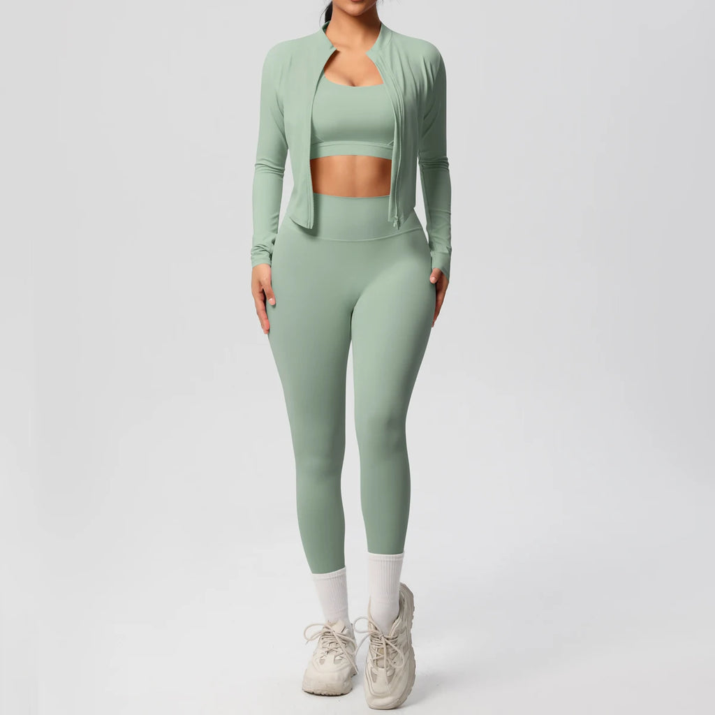 3-teiliges Sportbekleidung Yoga-Set Gym Sport-BH Reißverschlussjacke Leggings Kleidung Sportbekleidung Yoga-Anzüge für Damen Fitness-Set Trainingsanzug
