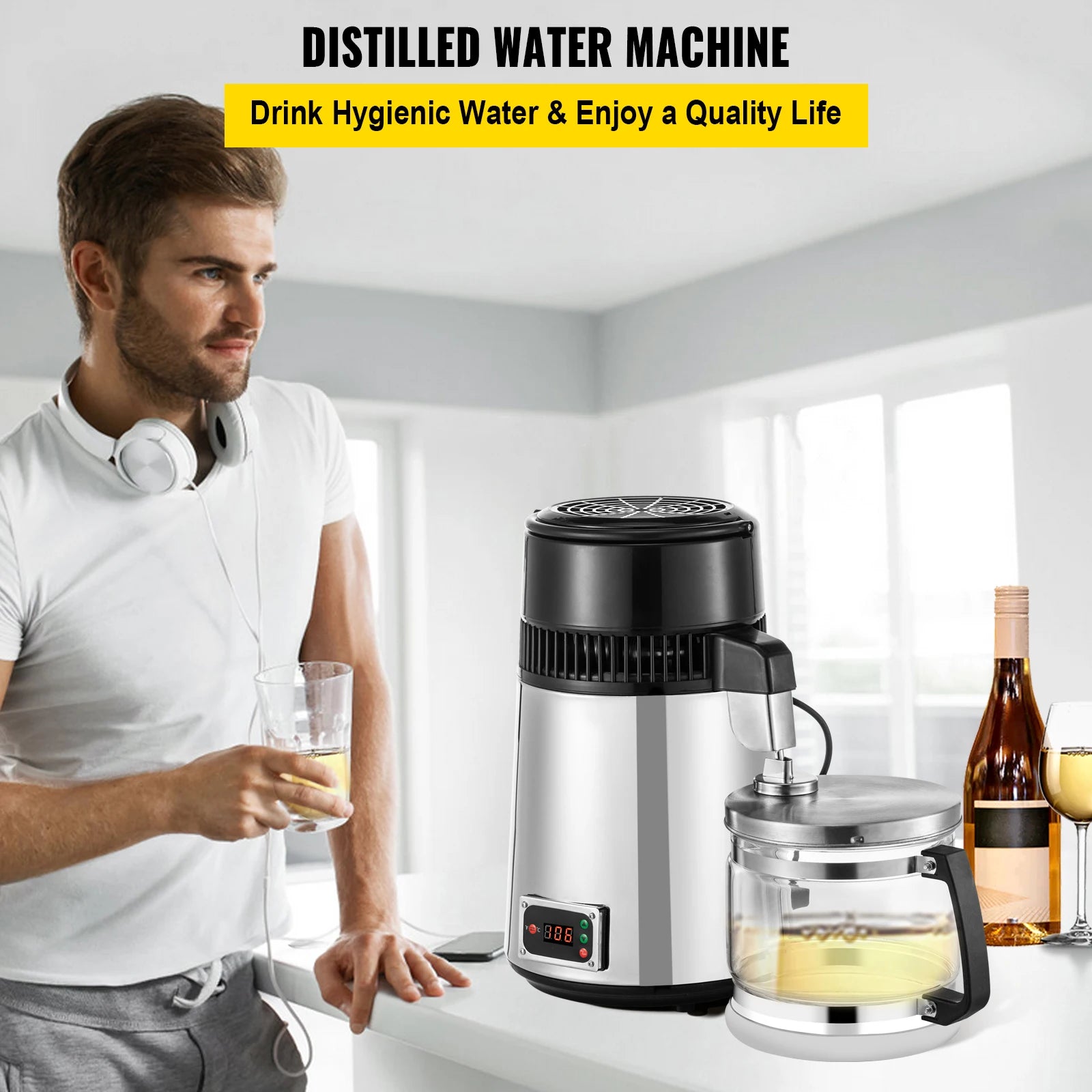 SucceBuy 4L Wasserdestilliergerät Reiniger Filter Spender Trinkwasserenthärter Dual-Temperaturanzeige Überhitzungsschutz Haushaltsgerät