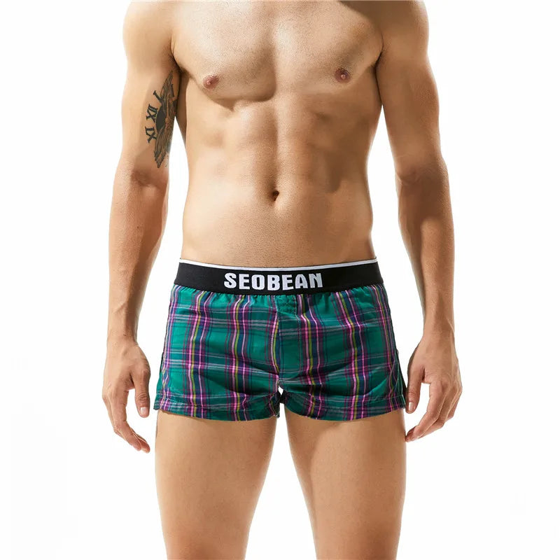 SEOBEAN Klassische Herren Boxershorts kariert 100% Baumwolle Unterwäsche Boxershorts U-konvexer Beutel Pfeil Panties Shorts Herren Schlafunterteile