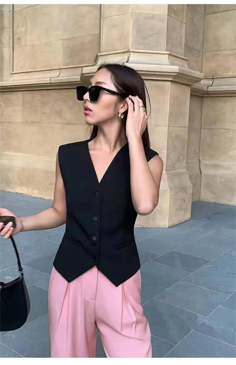 Frühling Sommer Koreanische Mode Weste 2025 Neue Damen Kurze Mode V-Ausschnitt Ärmellose Freizeit Blazer Weste Mäntel Weibliche Oberteile