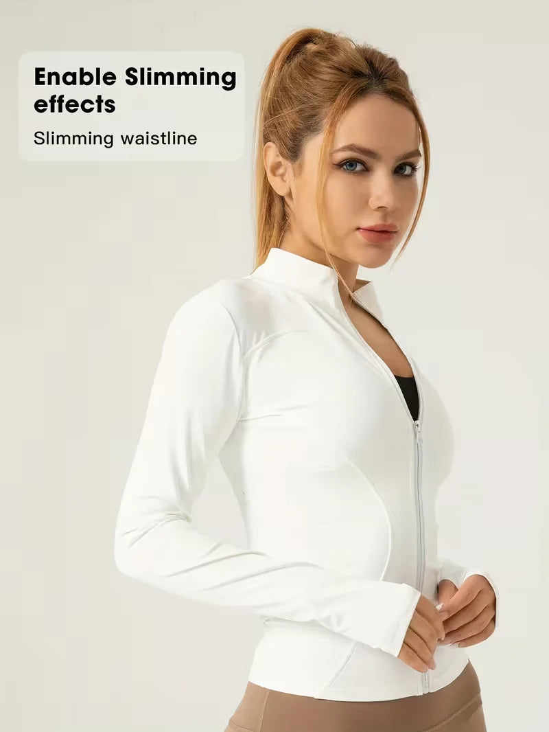 Damen Slim Fit Stehkragen Sportjacke Reißverschluss Yoga Jacke Schnelltrocknende schmale Taille Lauf-Trainingsjacke für den Frühling