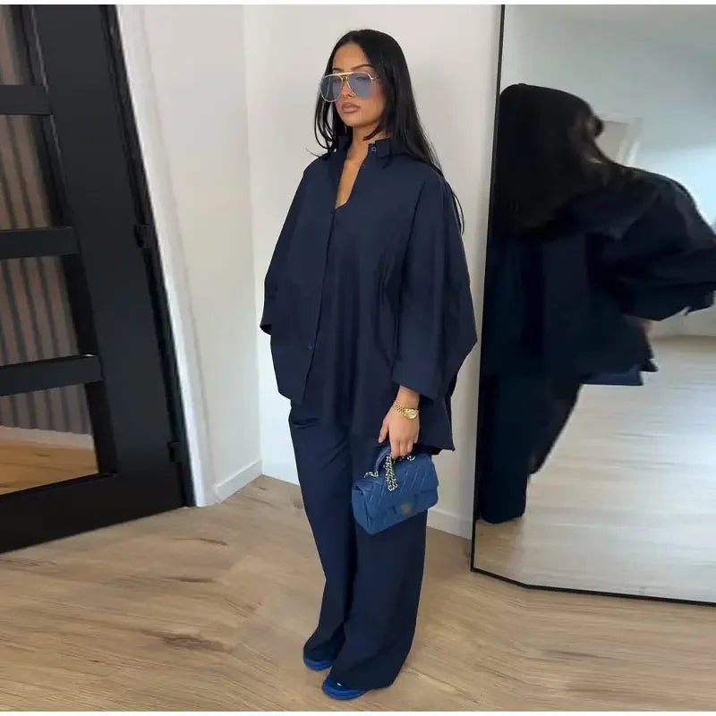 Damen Anzug mit Revers, langen Ärmeln, chic, einreihig, weites Bein, lange Hose, Sets 2026, lässiges, lockeres Outfit für den Alltag
