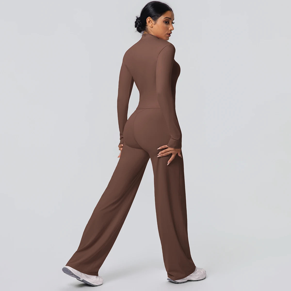 2-teiliges schnelltrocknendes Sport-Fitness-Bekleidung Yoga-Set Damen Yoga Reißverschluss Langarm High Waisted atmungsaktive weite Hose Set