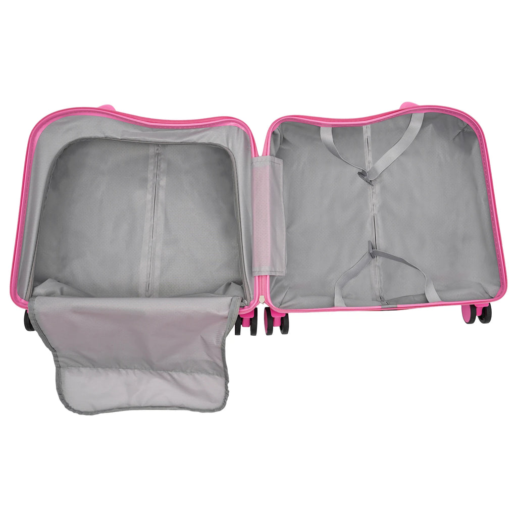 18 Zoll Aufsitzkoffer, niedlicher Koffer mit interner Netztasche, Aufbewahrungsbox mit Lenkrollen für Kurztrips, Pink