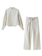 HH Damen Frühling Neue Mode Vintage Vielseitige Beige Gestreifte Puffärmel-Shirt + Hochtaillierte Lockere Plissierte Lässige Lange Hose Set