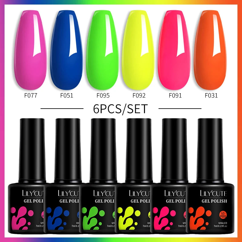LILYCUTE 6PCS Gel-Nagellack-Set Sommer Neon Nagellack-Gel-Kits für DIY Nagel Semi-Permanenter UV-Lampe Gellack Nagellack-Set