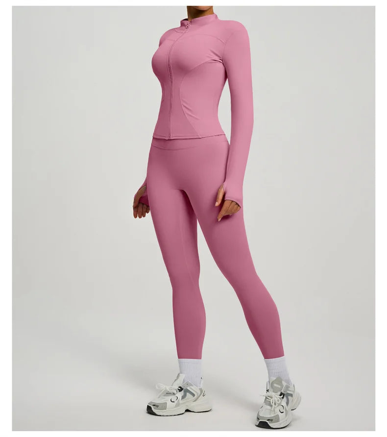 SVEIC Damen Zweiteiliger Trainingsanzug Yoga Set Langarmjacke High Waisted Leggings Atmungsaktive Sportkleidung Für Frauen