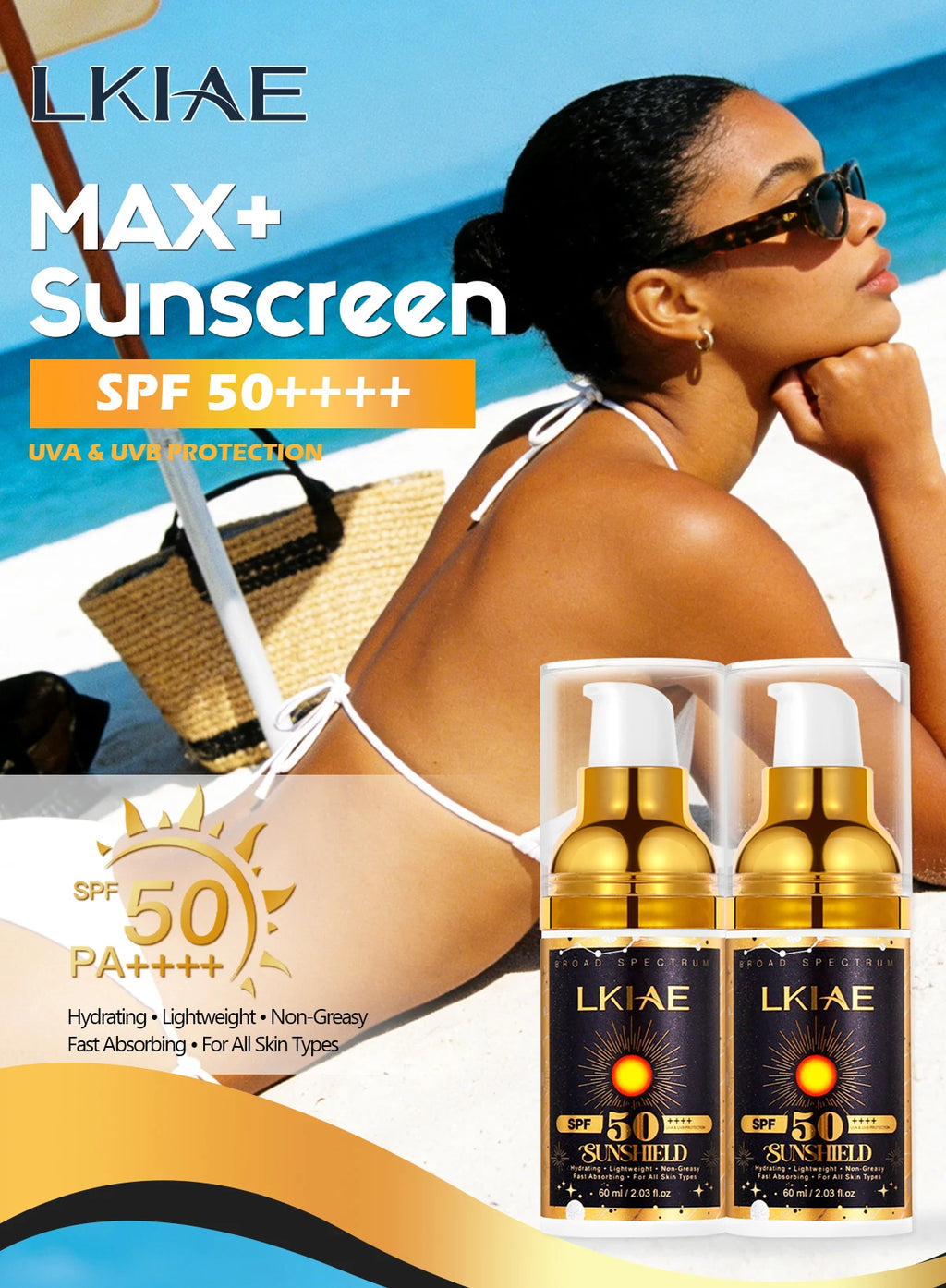 LKIAE Sonnencreme, Breitspektrum LSF 50, UVA/UVB, leicht & nicht fettend, Sonnenschutz, für Gesicht, Körper, nicht komedogen, 60ml