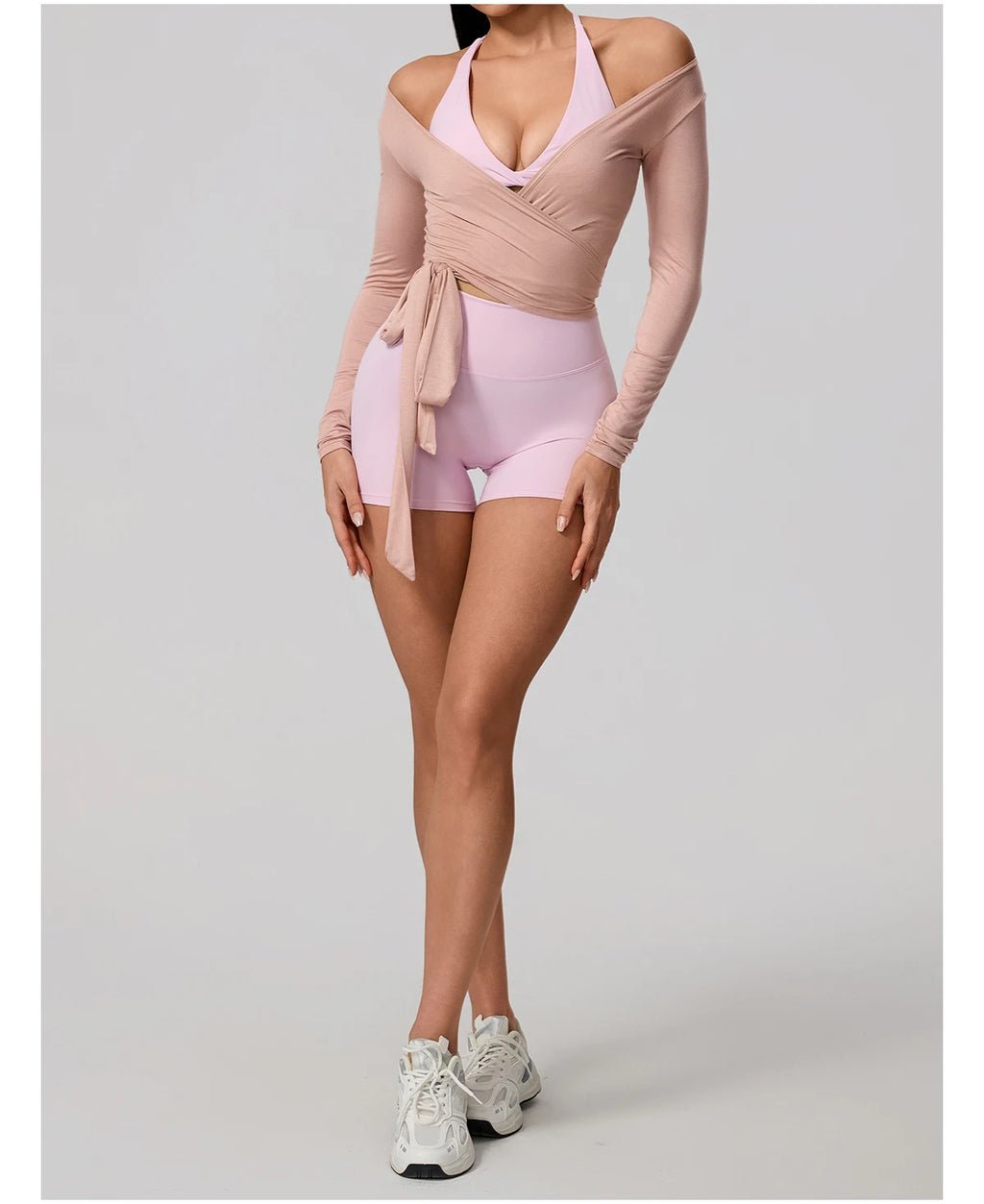 Neue Sommer Damen Yoga Langarm Einteiler Träger Yoga Kleidung Weibliches Training Premium Ballett WickeloberteileFrauen Fitness Sport Top