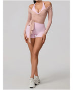 Neue Sommer Damen Yoga Langarm Einteiler Träger Yoga Kleidung Weibliches Training Premium Ballett WickeloberteileFrauen Fitness Sport Top