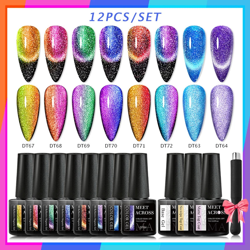 10/12PCS/SET Katze Magnetisches Gel Nagellack Set 9D Reflektierendes Glitzer Gel Halbpermanentes UV Gel Soak Off Funkelndes Nagelkunst Kits