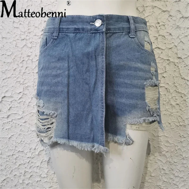 2024 Sommer neue Damen Ripped Repaired Denim Shorts Hohe Taille Bodycon Distressed Hole Bottoms Lässige Taschen Sexy Kurze Jeans