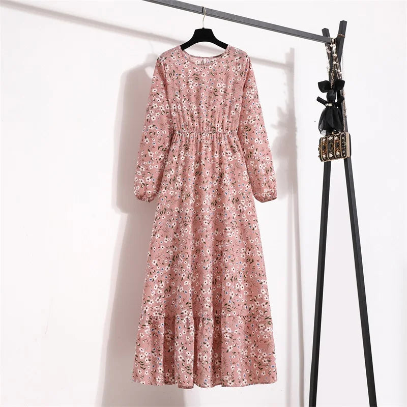 Frühling Sommer Damen Maxikleider Casual Langarm Geblümt O-Ausschnitt Damen Boho Strandparty Langes Kleid Mujer Vestidos