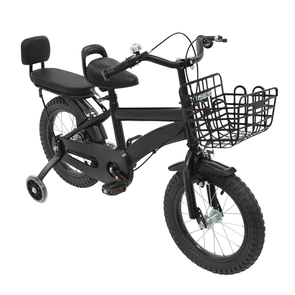 14" Kinderfahrrad Verstellbares Kinderfahrrad Belastbarkeit 60kg mit Stützrädern+Korb+Rückenlehne Rücksitz für 3-7 Jahre (Weiß/Schwarz)