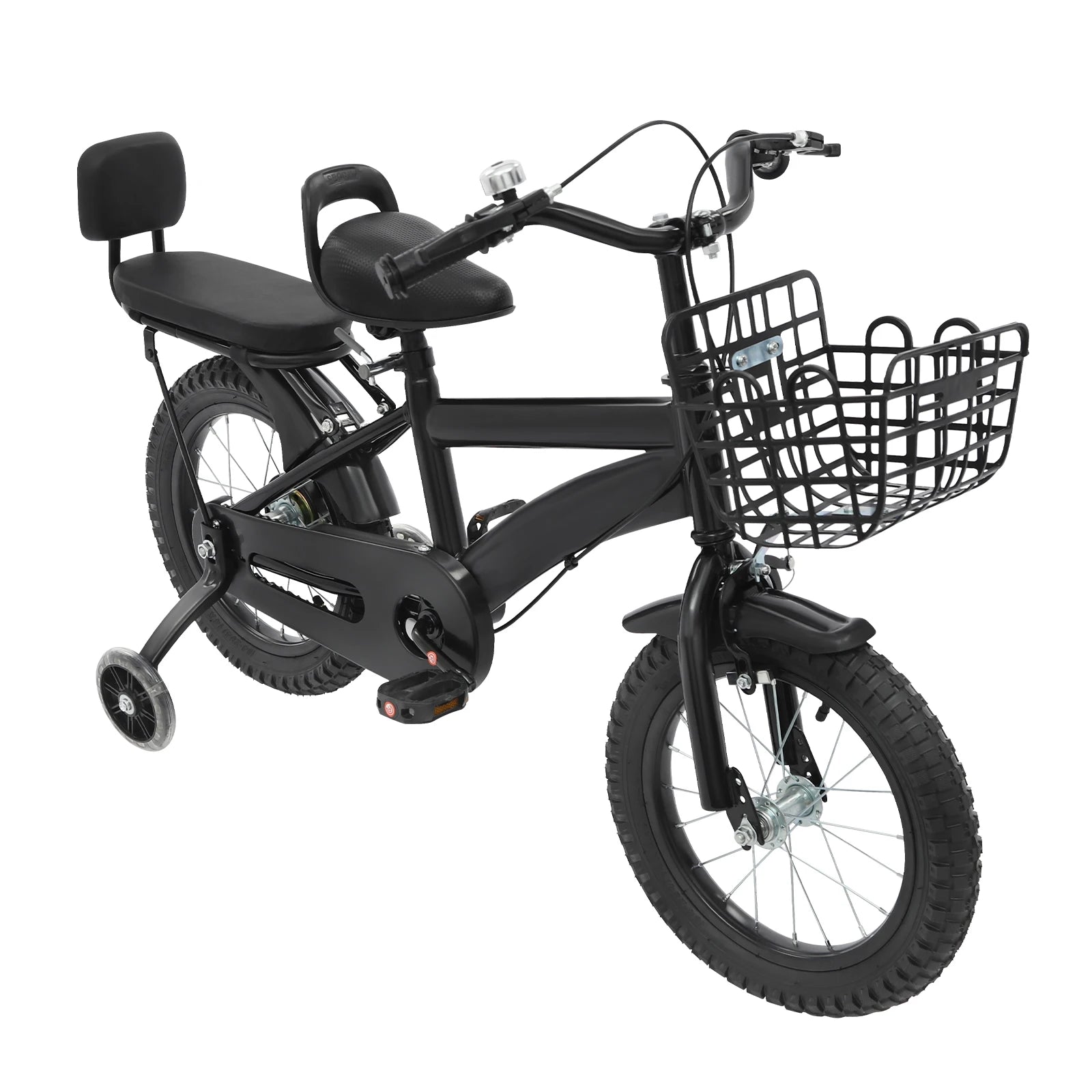 14" Kinderfahrrad Verstellbares Kinderfahrrad Belastbarkeit 60kg mit Stützrädern+Korb+Rückenlehne Rücksitz für 3-7 Jahre (Weiß/Schwarz)