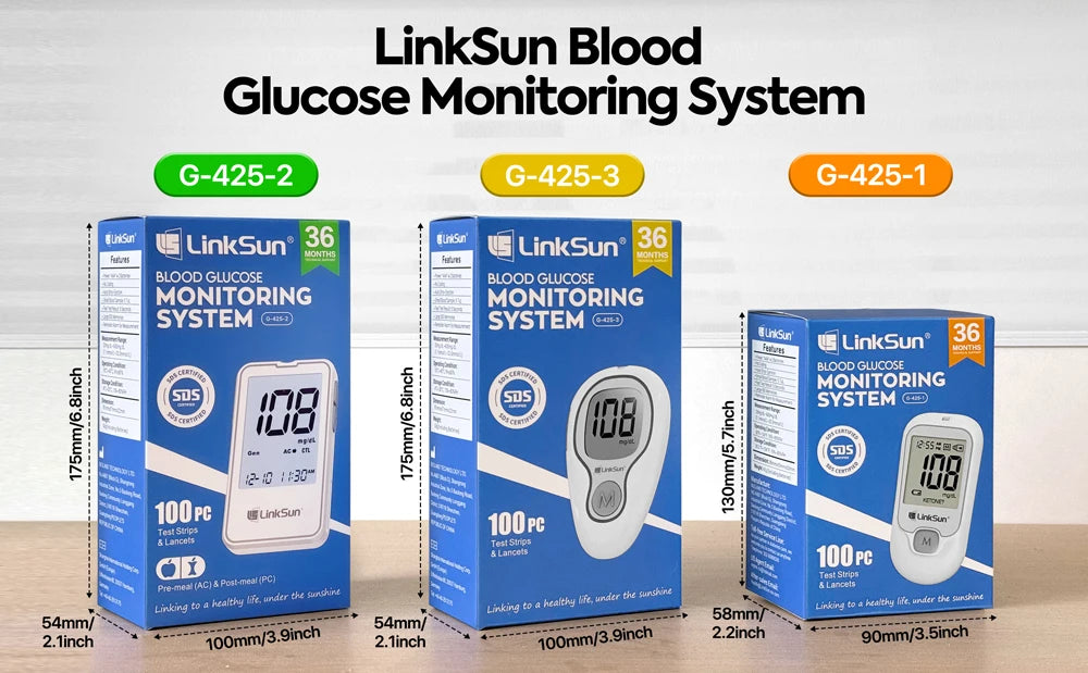 LinkSun Blutzuckermessgerät G-425-3 Glukometer ohne Codierung für Diabetestest 10/50/100 Teststreifen Lanzetten Medizinischer Blutzucker mg/mmol