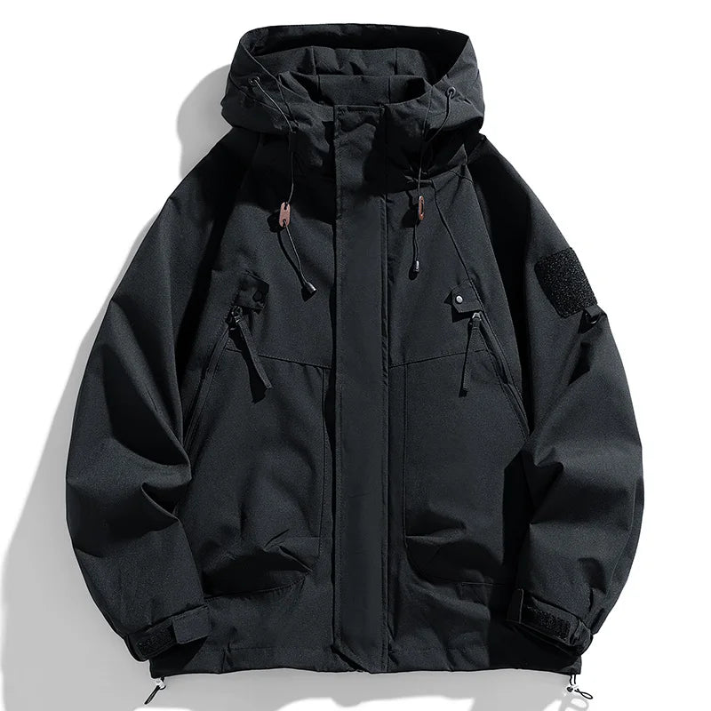 Windbreaker Herren Kapuzenjacke Reißverschluss Mantel Cargo Wasserdicht Schwarz Bomber Camping Loose Dünn Softshell Kapuzen-Wanderjacke